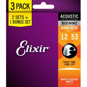 ELIXIR NANOWEB 16539 3 PACK: 11052 ACOUSTIC BRONZE - LIGHT - 12-53