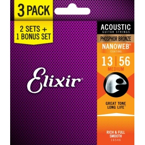 ELIXIR NANOWEB 16546 3 PACK: 16102 ACOUSTIC PHOSPHOR BRONZE  - 13-56 - MEDIUM